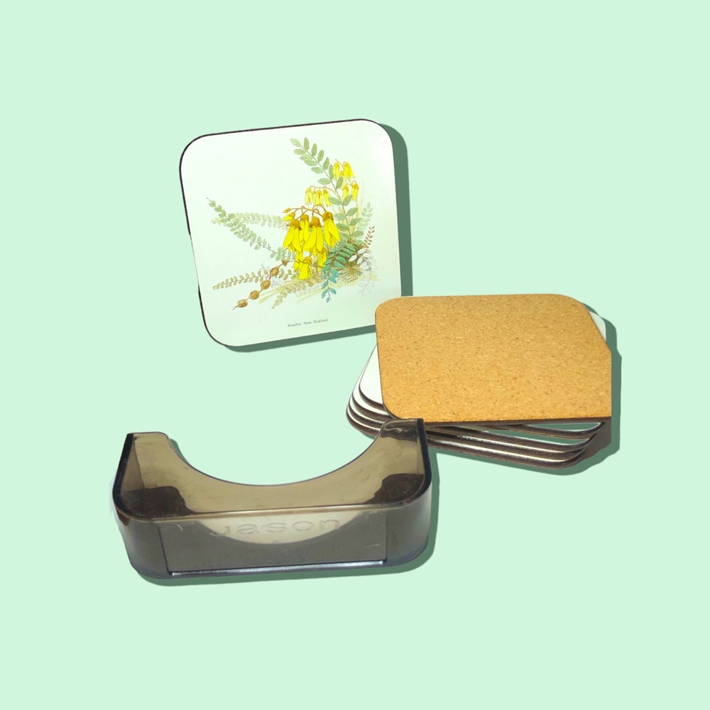 VTG Jason brand 6pc drink coaster set with holder. Multicolored flowers/plants